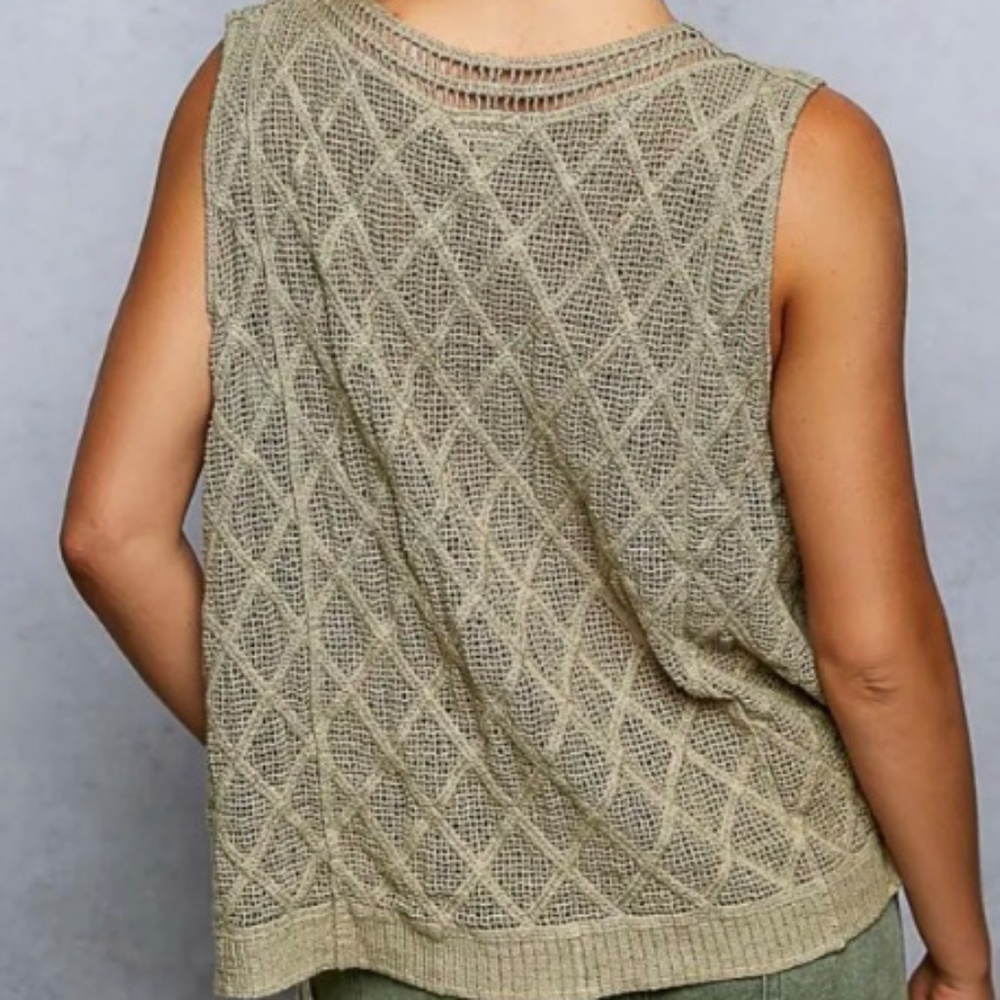 POL Knit Crochet V-Neck Sleeveless Tank Top in Olive - Picture 3 of 8